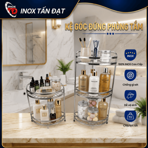 Kệ Góc Ống Đứng Inox 201 2 Tầng, 3 Tầng Treo Tường Đựng Gia Vị Bán Kính 25cm