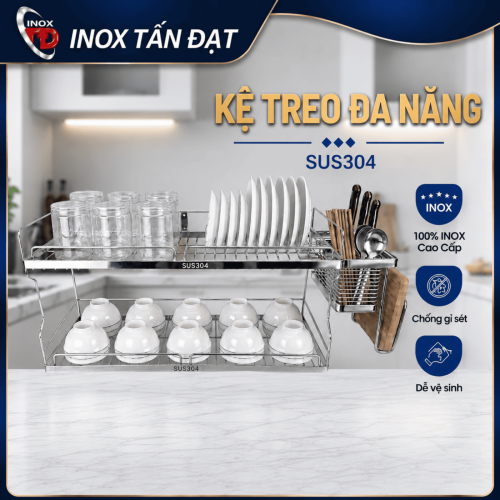 Kệ Treo Đa Năng Inox 304 2 Tầng Đựng Chén Dĩa, Dao Kéo, Dụng Cụ Nhà Bếp 68/78/88cm