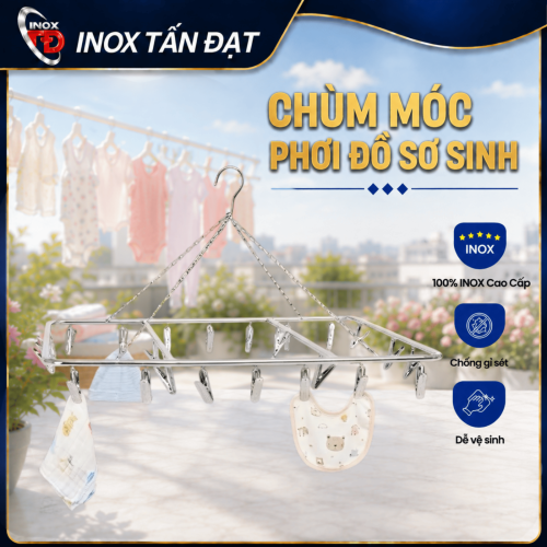 Chùm Móc Kẹp Quần Áo Sơ Sinh Inox – 18, 22, 26 Kẹp Tiện Lợi