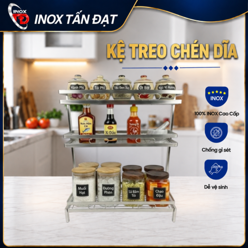 KỆ GIA VỊ INOX 201 DẠNG VUÔNG 3 TẦNG 52CM – CHẮC CHẮN