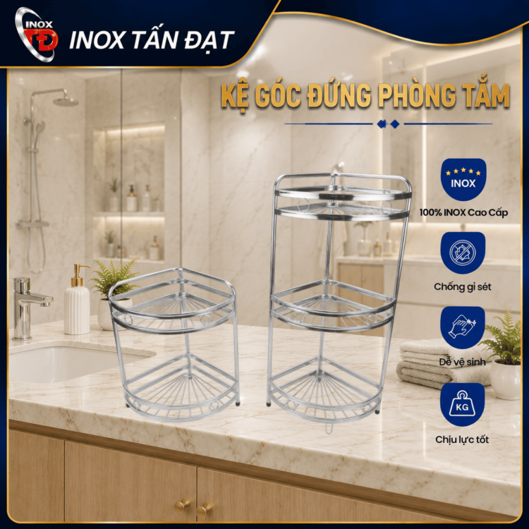 Kệ Góc Ống Đứng Inox 201 2 Tầng, 3 Tầng Treo Tường Đựng Gia Vị Bán Kính 25cm