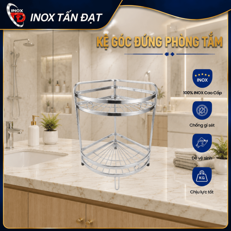 Kệ Góc Ống Đứng Inox 201 2 Tầng, 3 Tầng Treo Tường Đựng Gia Vị Bán Kính 25cm