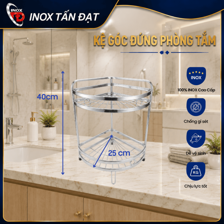 Kệ Góc Ống Đứng Inox 201 2 Tầng, 3 Tầng Treo Tường Đựng Gia Vị Bán Kính 25cm