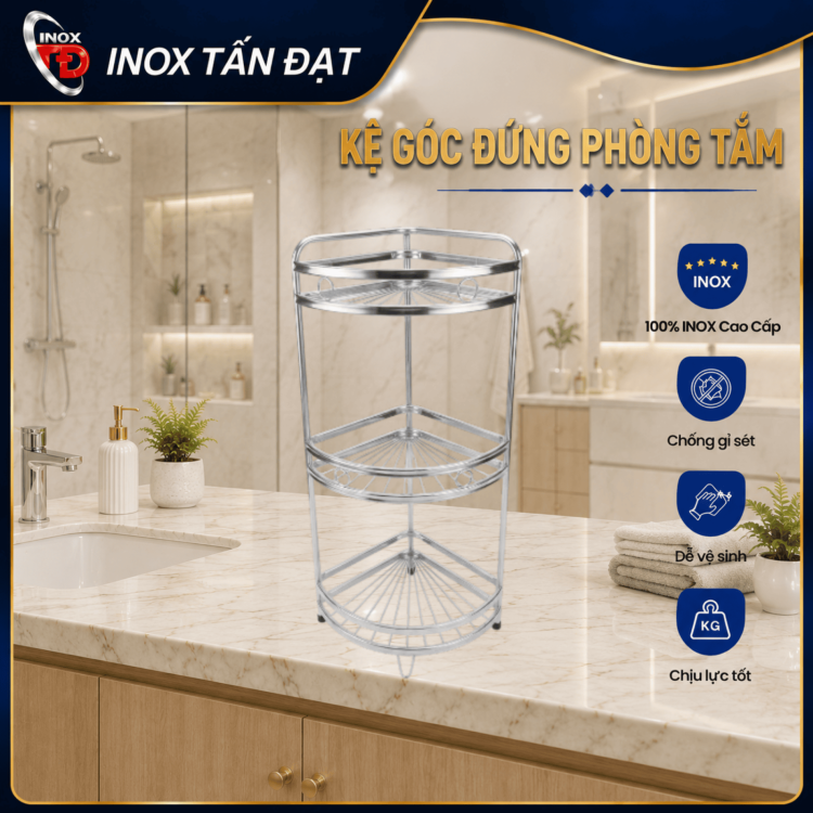 Kệ Góc Ống Đứng Inox 201 2 Tầng, 3 Tầng Treo Tường Đựng Gia Vị Bán Kính 25cm