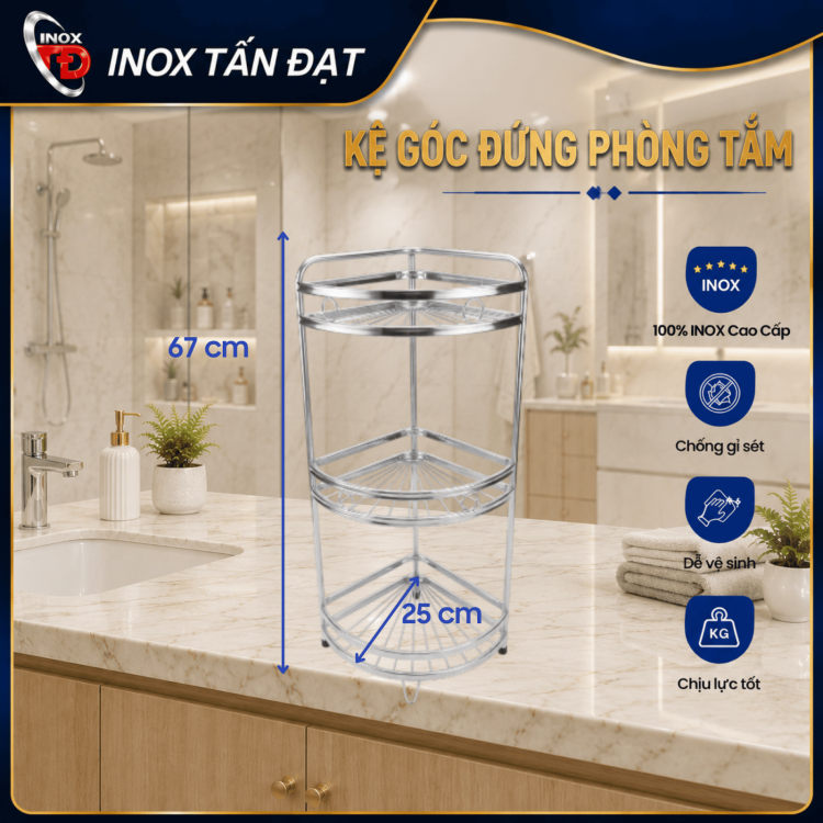 Kệ Góc Ống Đứng Inox 201 2 Tầng, 3 Tầng Treo Tường Đựng Gia Vị Bán Kính 25cm