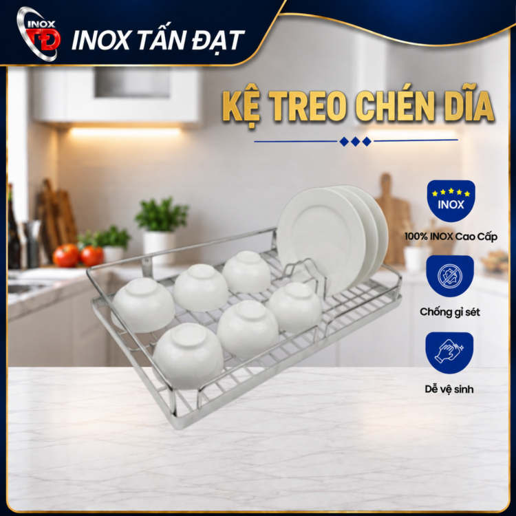 Kệ Chén Treo Inox 201 Dạng La – Kệ Úp Chén Bát Treo Tường 50/60cm