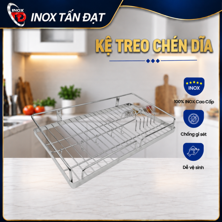 Kệ Chén Treo Inox 201 Dạng La – Kệ Úp Chén Bát Treo Tường 50/60cm