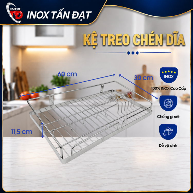 Kệ Chén Treo Inox 201 Dạng La – Kệ Úp Chén Bát Treo Tường 50/60cm