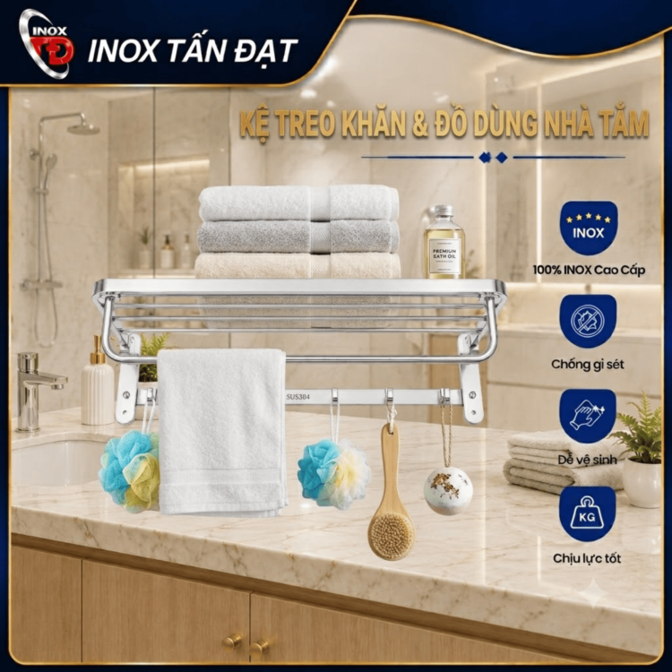 Kệ Treo Khăn Inox 304 Cao Cấp 60cm – Kệ Để Khăn Nhà Tắm Đa Năng Treo Tường