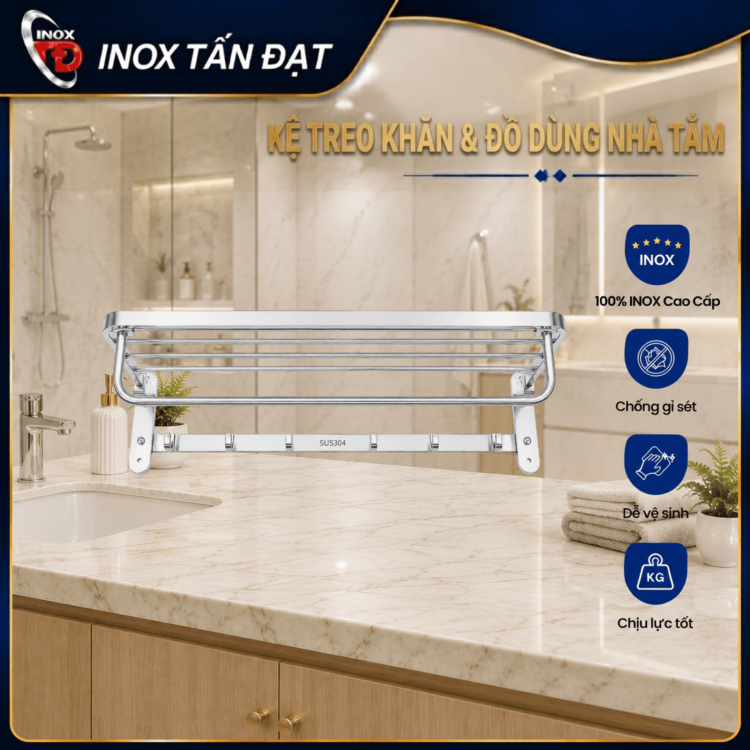 Kệ Treo Khăn Inox 304 Cao Cấp 60cm – Kệ Để Khăn Nhà Tắm Đa Năng Treo Tường