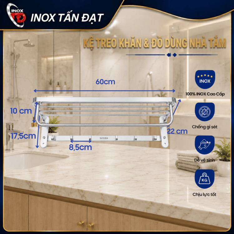 Kệ Treo Khăn Inox 304 Cao Cấp 60cm – Kệ Để Khăn Nhà Tắm Đa Năng Treo Tường