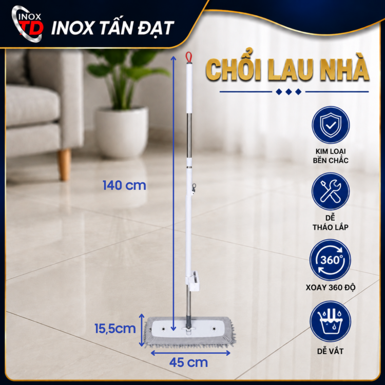 Chổi Lau Nhà Tự Vắt 360° Cán Kim Loại Chắc Chắn Đầu Lau 45cm
