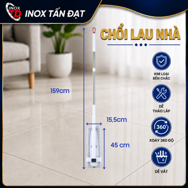 Chổi Lau Nhà Tự Vắt 360° Cán Kim Loại Chắc Chắn Đầu Lau 45cm