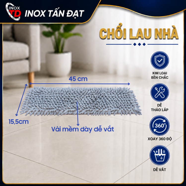 Chổi Lau Nhà Tự Vắt 360° Cán Kim Loại Chắc Chắn Đầu Lau 45cm