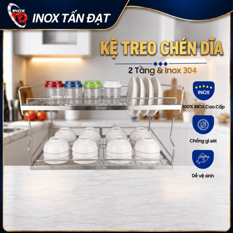 Kệ Treo Đựng Chén Dĩa Inox 304 2 Tầng Treo Tường 50 60 70cm
