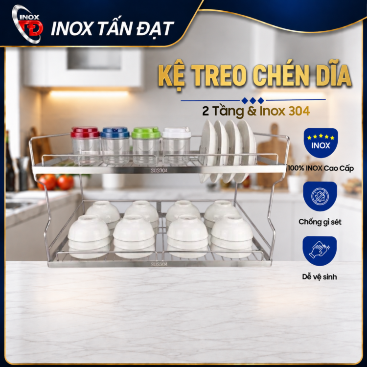 Kệ Treo Đựng Chén Dĩa Inox 304 2 Tầng Treo Tường 50 60 70cm
