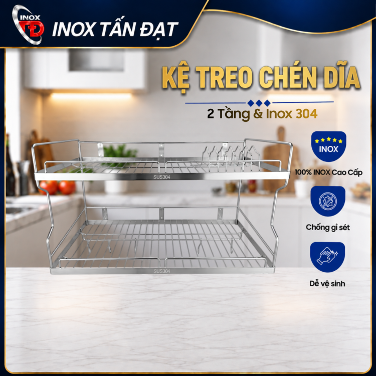 Kệ Treo Đựng Chén Dĩa Inox 304 2 Tầng Treo Tường 50 60 70cm