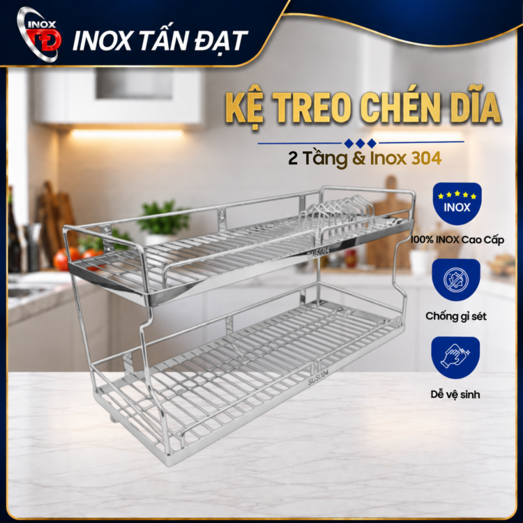 Kệ Treo Đựng Chén Dĩa Inox 304 2 Tầng Treo Tường 50 60 70cm