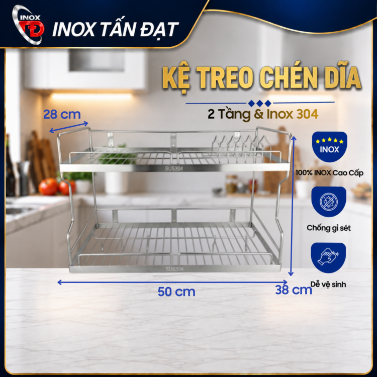 Kệ Treo Đựng Chén Dĩa Inox 304 2 Tầng Treo Tường 50 60 70cm