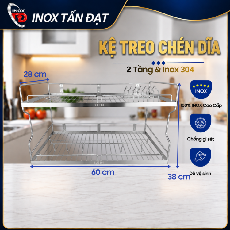 Kệ Treo Đựng Chén Dĩa Inox 304 2 Tầng Treo Tường 50 60 70cm