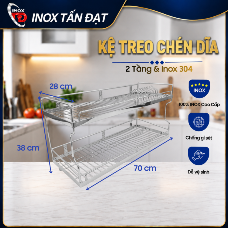 Kệ Treo Đựng Chén Dĩa Inox 304 2 Tầng Treo Tường 50 60 70cm