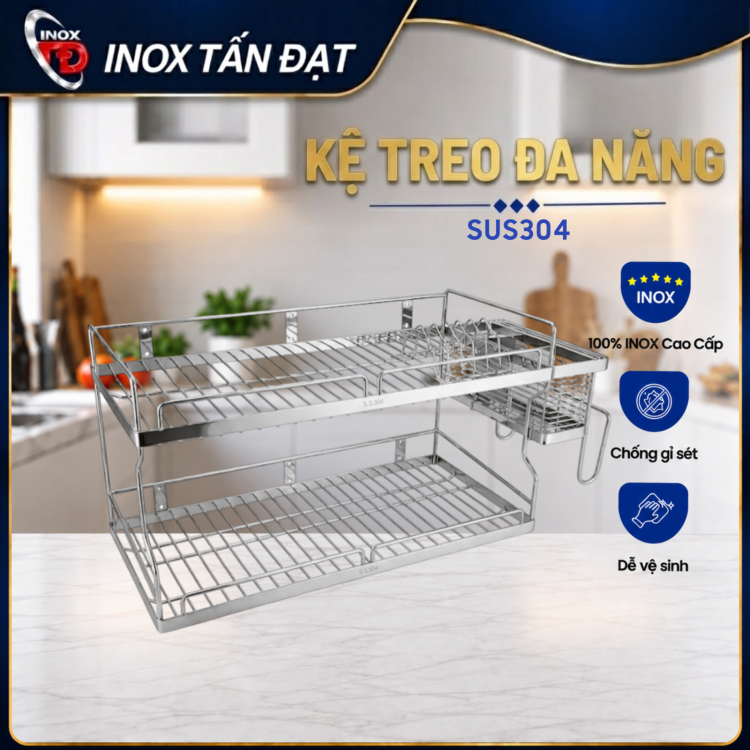 Kệ Treo Đa Năng Inox 304 2 Tầng Đựng Chén Dĩa, Dao Kéo, Dụng Cụ Nhà Bếp 68/78/88cm