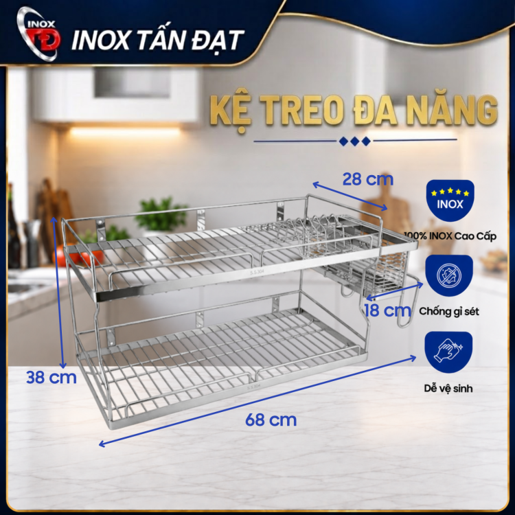 Kệ Treo Đa Năng Inox 304 2 Tầng Đựng Chén Dĩa, Dao Kéo, Dụng Cụ Nhà Bếp 68/78/88cm