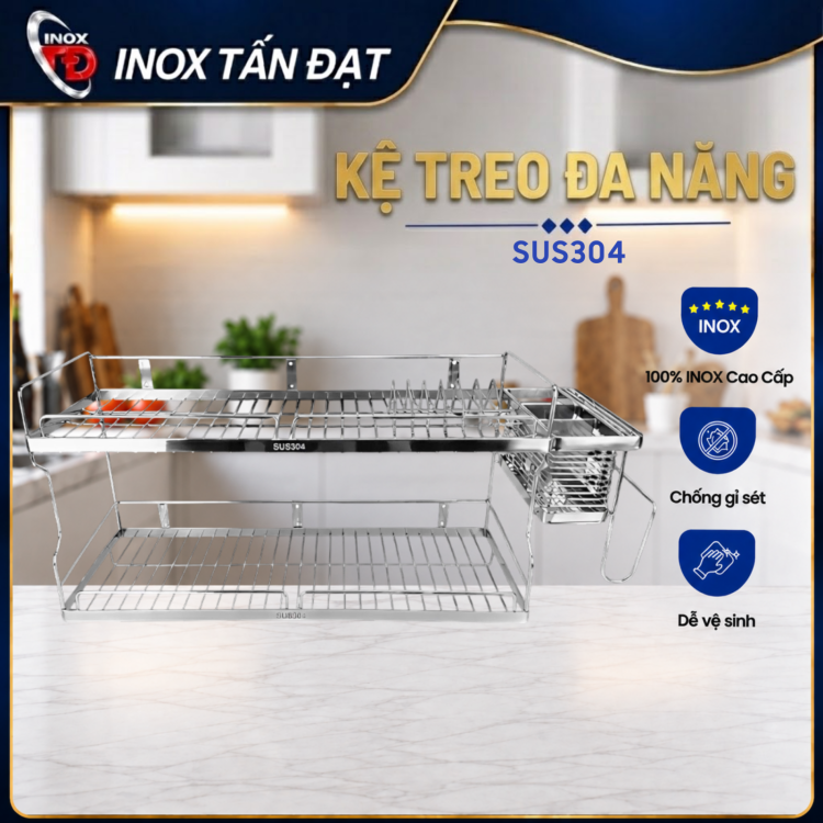 Kệ Treo Đa Năng Inox 304 2 Tầng Đựng Chén Dĩa, Dao Kéo, Dụng Cụ Nhà Bếp 68/78/88cm