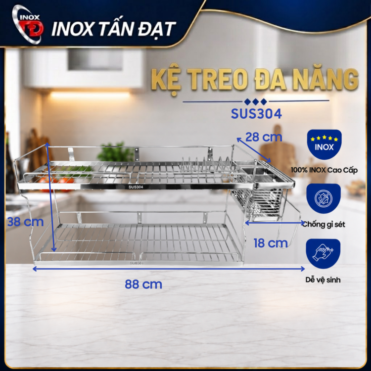 Kệ Treo Đa Năng Inox 304 2 Tầng Đựng Chén Dĩa, Dao Kéo, Dụng Cụ Nhà Bếp 68/78/88cm
