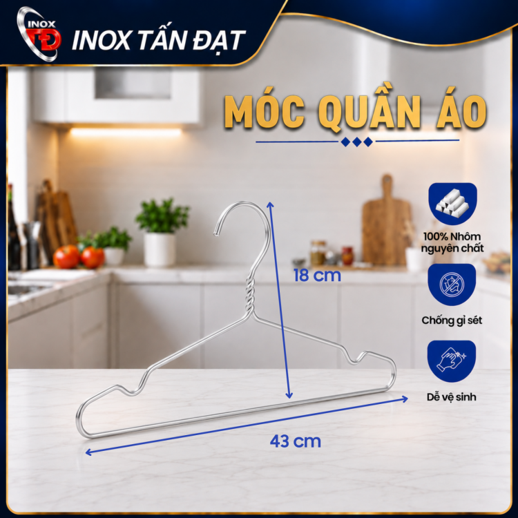 Móc Quần Áo Nhôm Nguyên Chất Combo 10 Cái Dài 43cm 