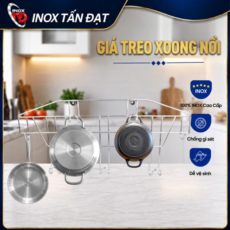 Giá Treo Xoong Nồi Inox 65cm – Kệ Treo Nhà Bếp Chắc Chắn, Tiết Kiệm Không Gian