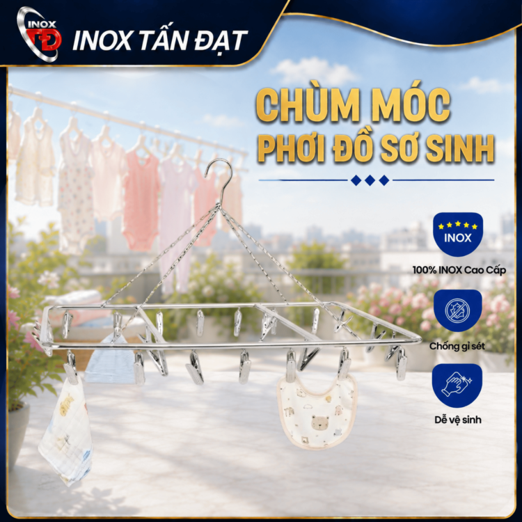 Chùm Móc Kẹp Quần Áo Sơ Sinh Inox – 18, 22, 26 Kẹp Tiện Lợi