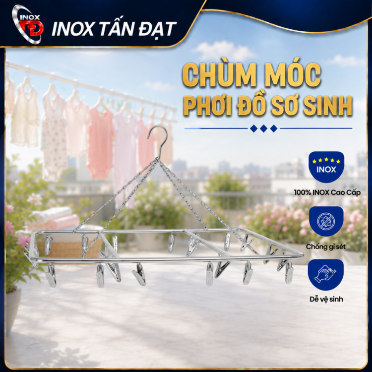 Chùm Móc Kẹp Quần Áo Sơ Sinh Inox – 18, 22, 26 Kẹp Tiện Lợi