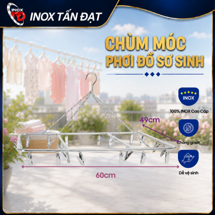 Chùm Móc Kẹp Quần Áo Sơ Sinh Inox – 18, 22, 26 Kẹp Tiện Lợi