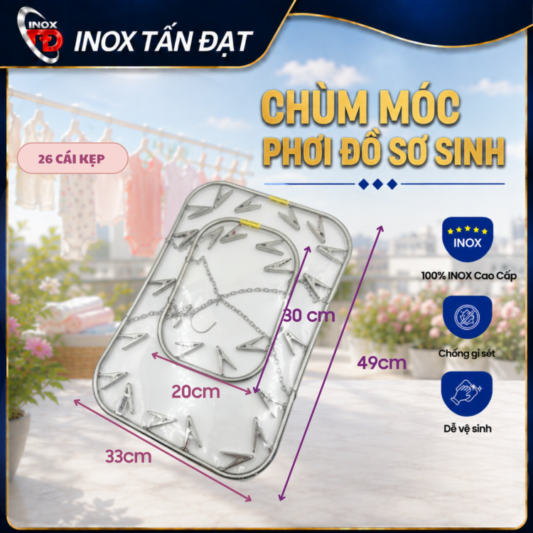 Chùm Móc Kẹp Quần Áo Sơ Sinh Inox – 18, 22, 26 Kẹp Tiện Lợi