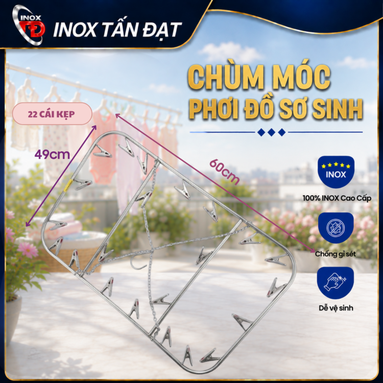 Chùm Móc Kẹp Quần Áo Sơ Sinh Inox – 18, 22, 26 Kẹp Tiện Lợi