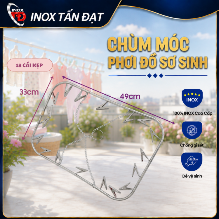 Chùm Móc Kẹp Quần Áo Sơ Sinh Inox – 18, 22, 26 Kẹp Tiện Lợi