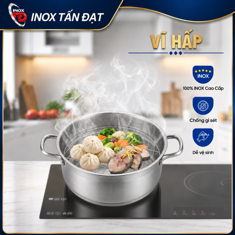Vỉ Hấp Tròn Inox 201 Có Chân Đế – Vỉ Hấp Thực Phẩm Inox Chắc Chắn, Tiện Lợi