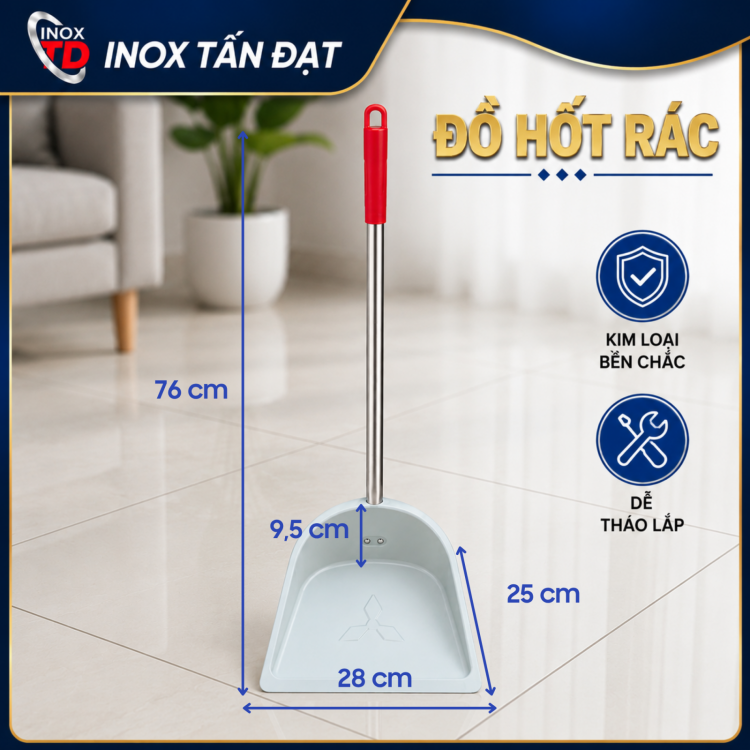 Đồ Hốt Rác Kim Loại Tháo Lắp Cán Dài 76cm Bền Chắc Dễ Sử Dụng