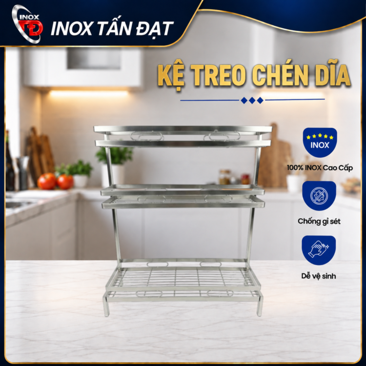 KỆ GIA VỊ INOX 201 DẠNG VUÔNG 3 TẦNG 52CM – CHẮC CHẮN