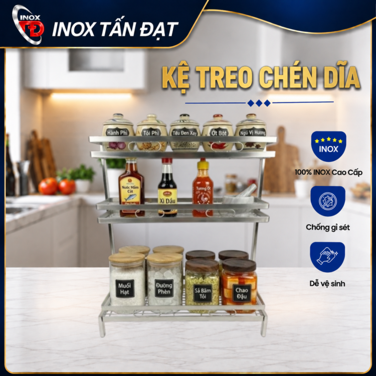 KỆ GIA VỊ INOX 201 DẠNG VUÔNG 3 TẦNG 52CM – CHẮC CHẮN